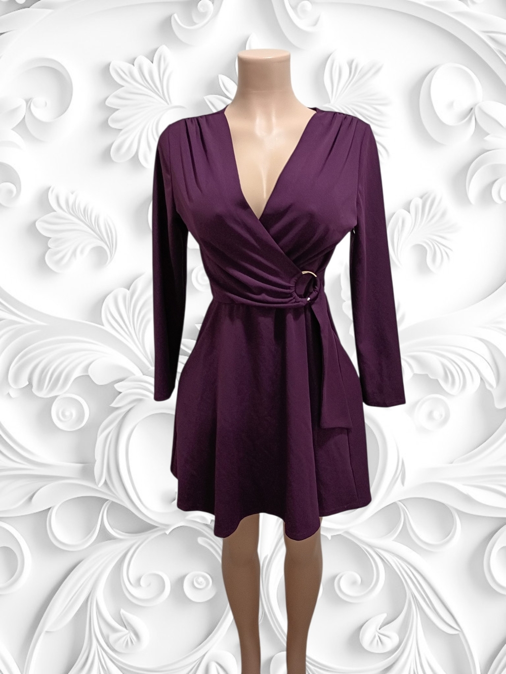 MARINA Plum Long-Sleeve Wrap Dress with Decorative Ring
